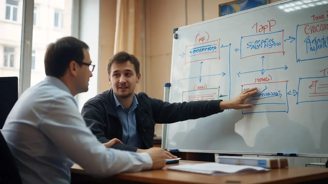 Разработчик объясняет бизнес-процессы коллеге в офисе