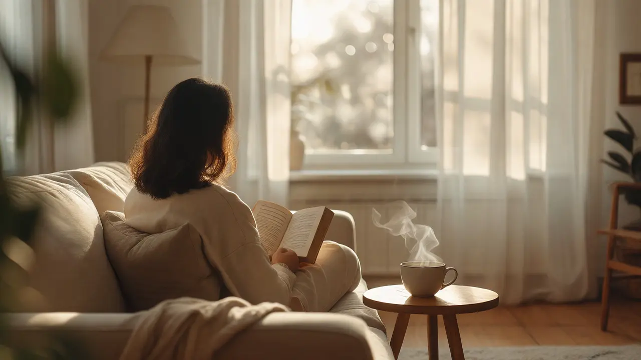Спокойное чтение книги в уютной комнате без гаджетов