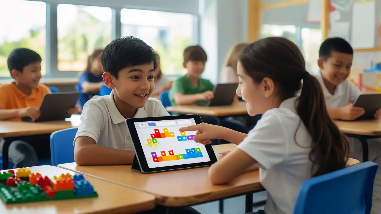 Дети работают над визуальным программированием в блоках Scratch