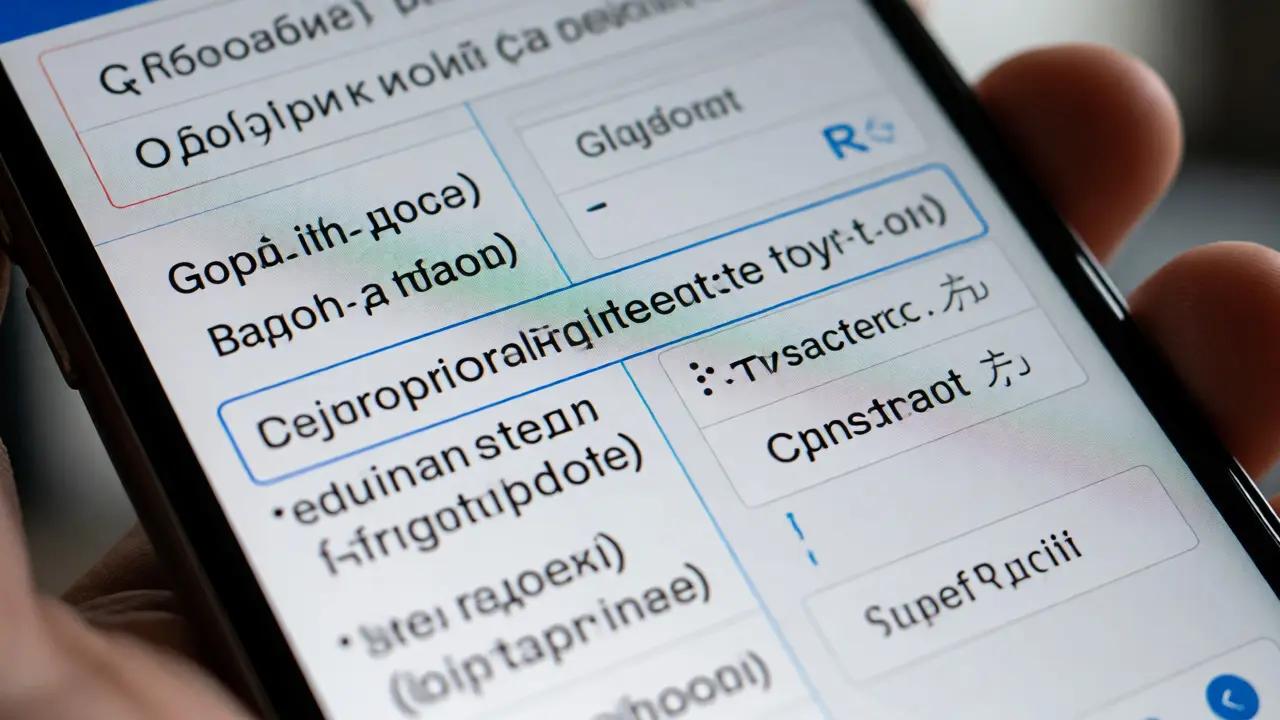 Экран смартфона с приложением, демонстрирующим адаптацию интерфейса под разные языки и шрифты