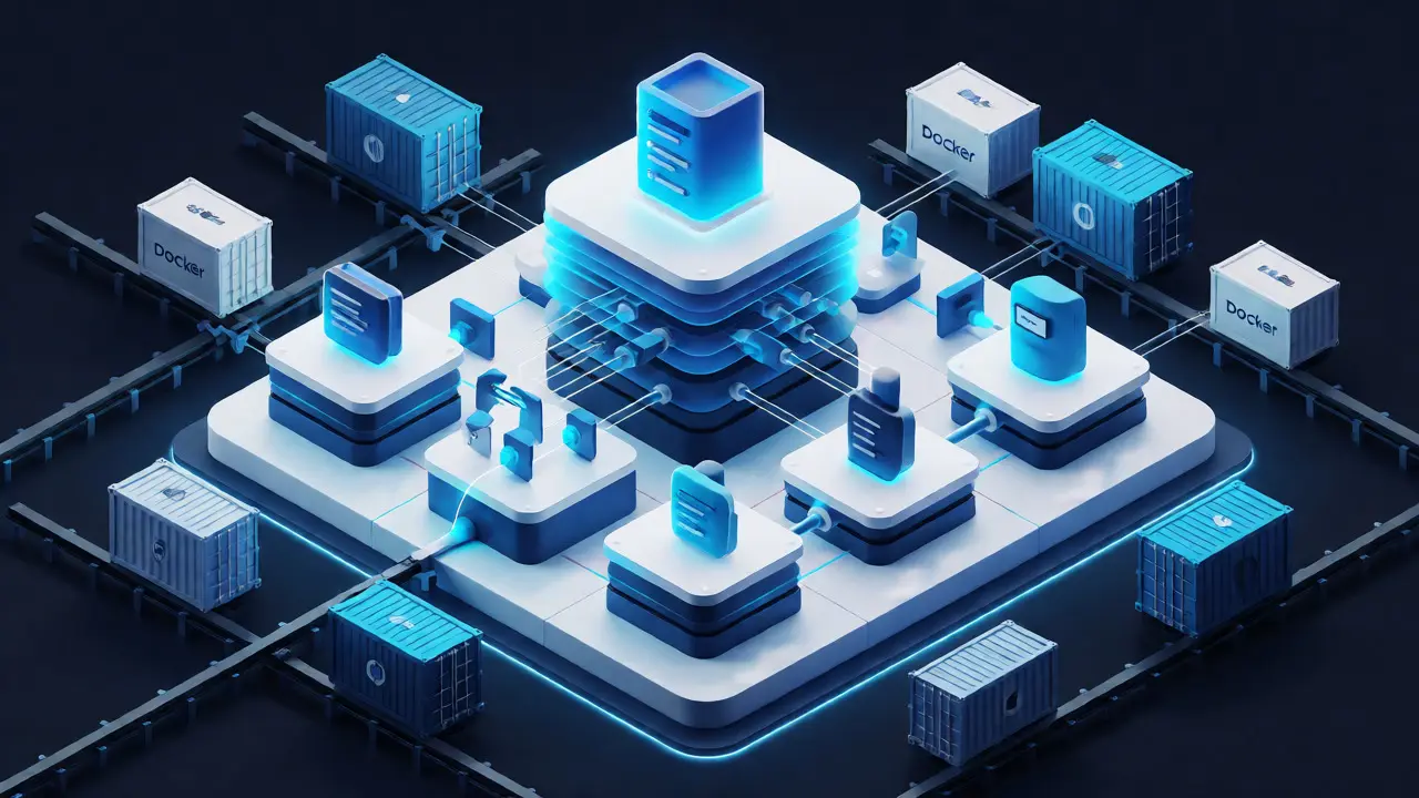Изометрическая визуализация архитектуры приложения с Docker и базами данных