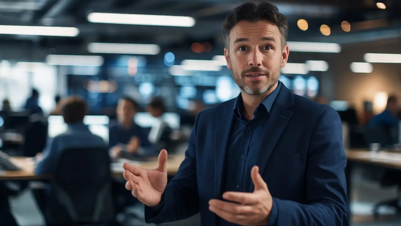 Портрет IT-лидера, объясняющего стратегию перед фоном отдела разработки