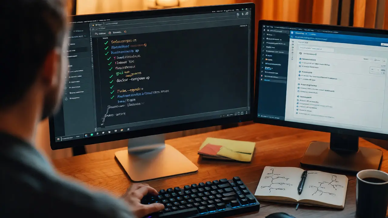 Рабочее место разработчика с успешным запуском Docker и тестов