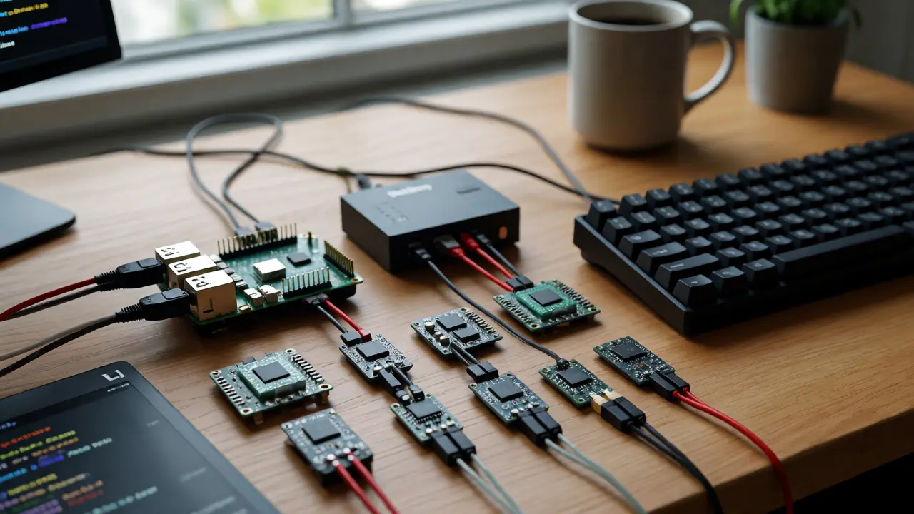 Рабочий стол разработчика с платами Raspberry Pi и ESP32